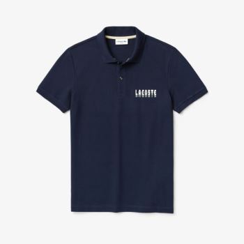 Lacoste 3D-Lettering Slim Fit Stretch Bomulds Piqué Polo Mørkeblå Blå | 6LlwIoaR