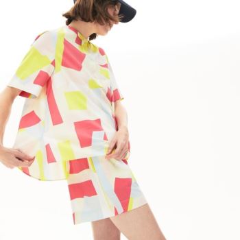 Lacoste Abstract-Print Bomulds Blend Blouse Gul Hvide | uYOZGKUg