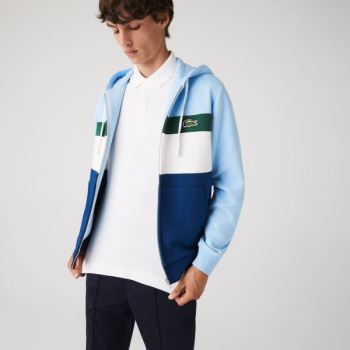 Lacoste Colorblock Fleece Zippered Hætte Sweatshirt Blå Hvide Grøn Blå | o3Gpn6uc