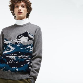 Lacoste Crew Neck Alpine Print Wool And Bomulds Jacquard Sweater Grå Grøn Blå Hvide | oriYJqL3