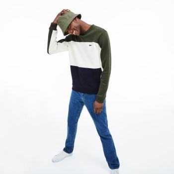 Lacoste Crew Neck Colorblock Piqué Fleece Sweatshirt Mørkeblå Blå Hvide Khaki Grøn | JjrUM2Nq