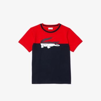 Lacoste Crewneck Croc-Print Bomulds T-shirt Rød Mørkeblå Blå | ahwUK29Q