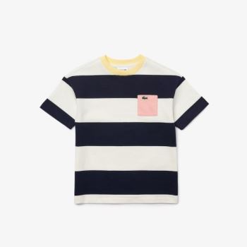 Lacoste Crewneck Rugby Striped Bomulds T-shirt Hvide Mørkeblå Blå | VYWjcZrk