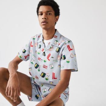 Lacoste Hawaiian Print Bomulds Shirt Blå Hvide | wV0QVDW4