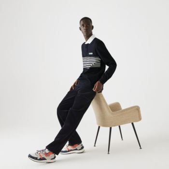 Lacoste Héritage Striped Thick Bomulds Rugby Polo Shirt Mørkeblå Blå Hvide Mørkeblå Blå | ASX0atkG