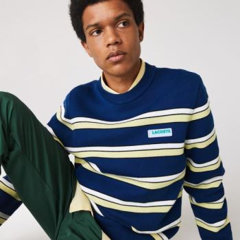 Lacoste LIVE Striped Bomulds Crew Neck Sweater Blå Hvide | Mbq9EkW1