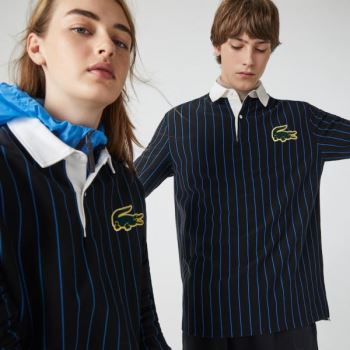 Lacoste LIVE Striped Bomulds Polo Shirt Sort Blå | N1E1ssdJ