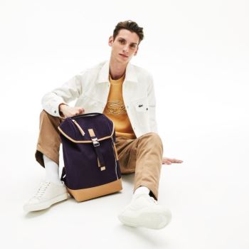 Lacoste Læder Finishes Bomulds Flap Backpack Mørkeblå Brune | lAtzdMQW