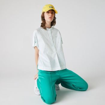 Lacoste Oversized Mao Collar Striped Bomulds Poplin Blouse Hvide Grøn | FSHN8zYC