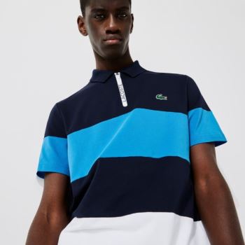 Lacoste SPORT Striped Stretch Piqué Zip-Up Golf Polo Shirt Mørkeblå Blå Blå Hvide | l80h2lrj