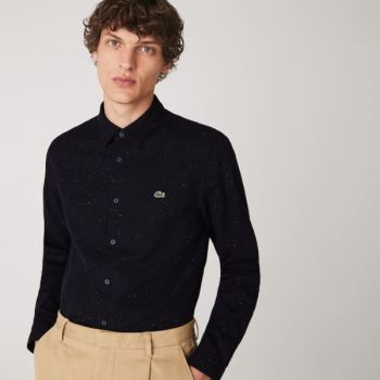 Lacoste Slim Fit Flamed Bomulds Shirt Mørkeblå Blå Hvide | 3kHe9mWz