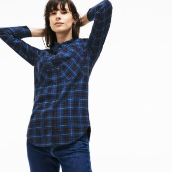 Lacoste Slim Fit Stretch Check Bomulds Canvas Shirt Mørkeblå Blå Blå | yrMVJShR