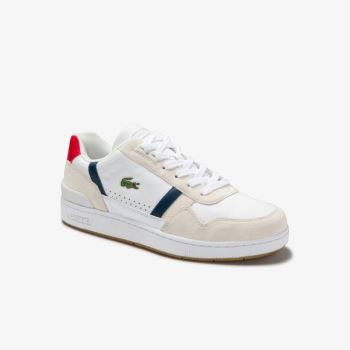 Lacoste T-Clip Tricolour Læder and Ruskind Sneakers Hvide Mørkeblå Rød | TuevEwkQ