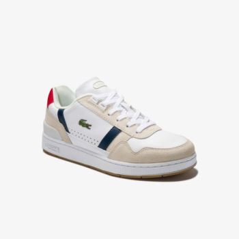 Lacoste T-Clip Tricolour Læder and Ruskind Sneakers Hvide Mørkeblå Rød | eKgRl5PU