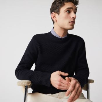 Lacoste Textured Striped Wool-Blend Sweater Mørkeblå Blå | zS5a2YnT