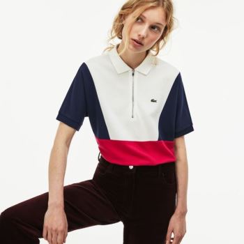 Lacoste Zip Neck Colorblock Terrycloth Piqué Polo Hvide Mørkeblå Blå Rød | 1ISoANM1