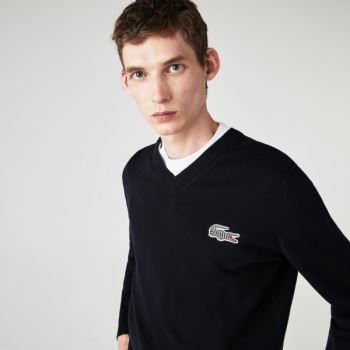 Lacoste x National Geographic V-neck Bomulds Sweater Mørkeblå Blå Hvide | Krz32ZKZ