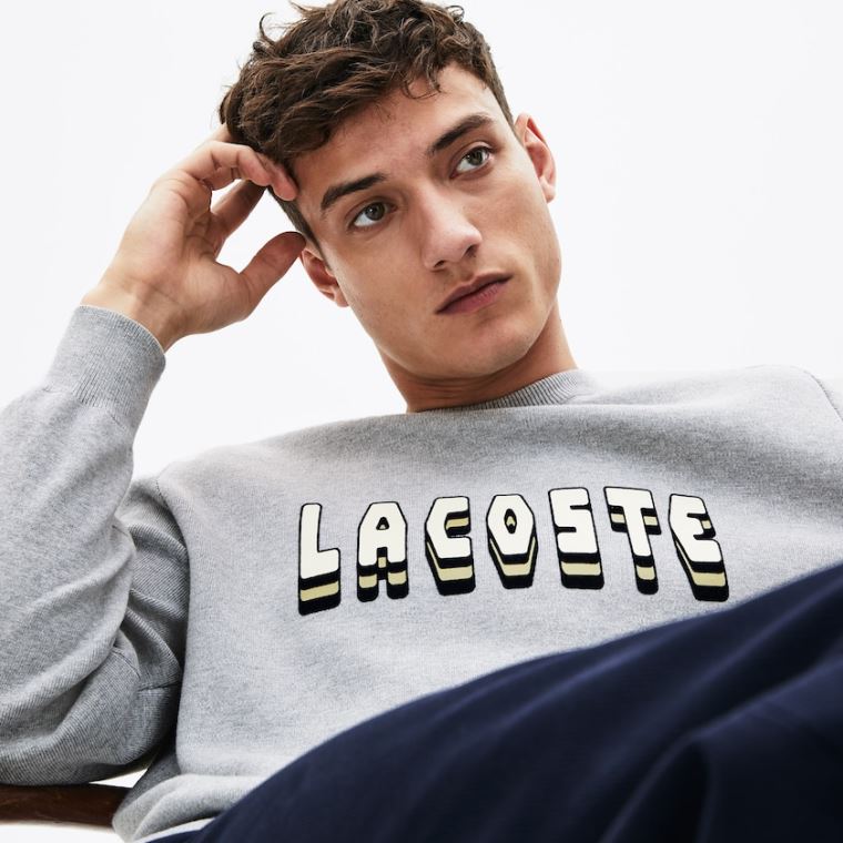 Lacoste 3D-Lettering Crewneck Bomulds Blend Sweater Grå | eg43V1Vk