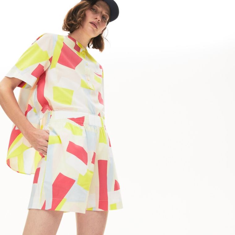 Lacoste Abstract-Print Bomulds Blend Blouse Gul Hvide | uYOZGKUg