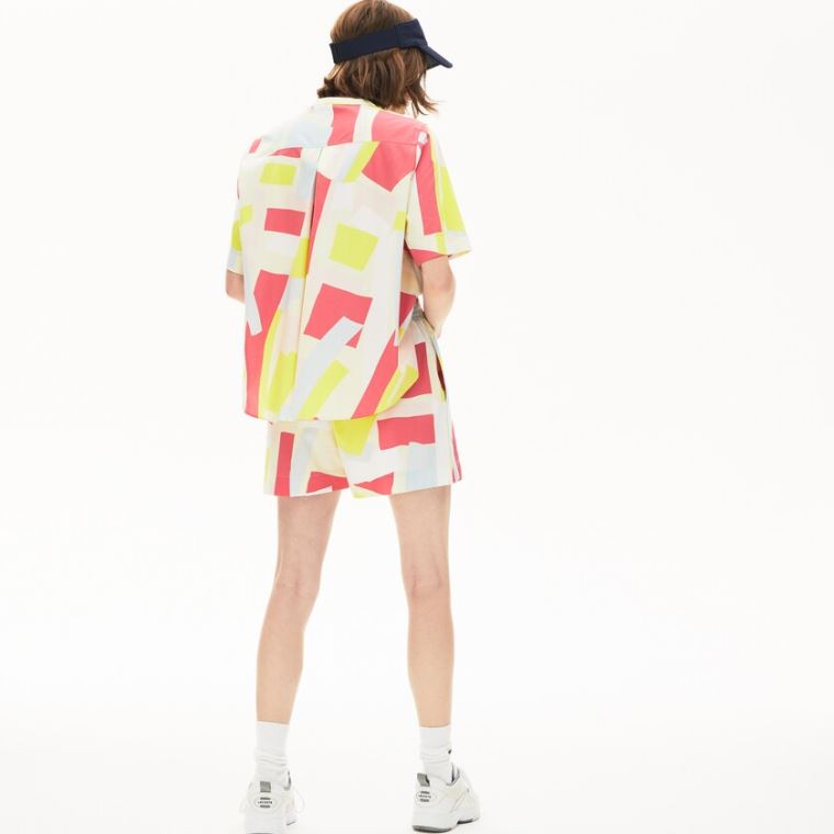 Lacoste Abstract-Print Bomulds Blend Blouse Gul Hvide | uYOZGKUg