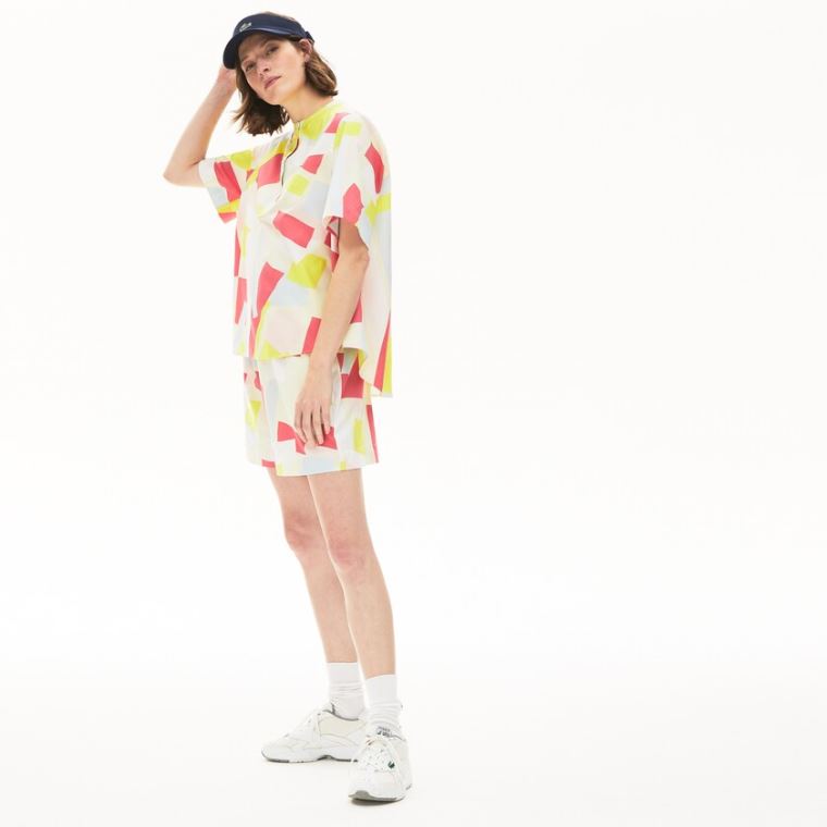 Lacoste Abstract-Print Bomulds Blend Blouse Gul Hvide | uYOZGKUg