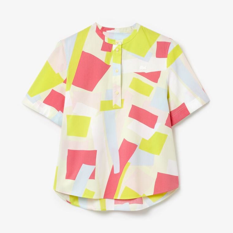 Lacoste Abstract-Print Bomulds Blend Blouse Gul Hvide | uYOZGKUg