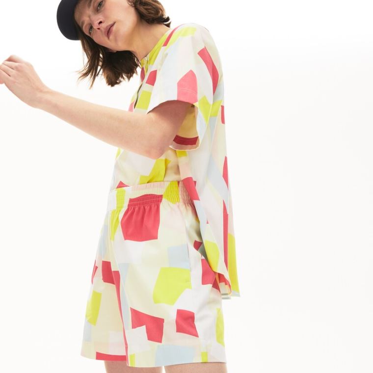 Lacoste Abstract-Print Bomulds Blend Blouse Gul Hvide | uYOZGKUg