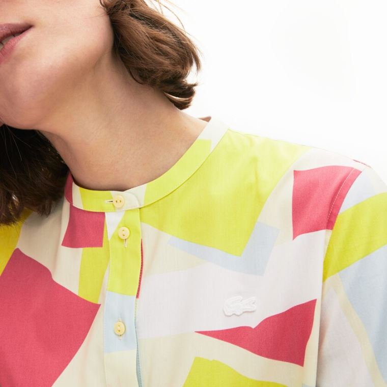 Lacoste Abstract-Print Bomulds Blend Blouse Gul Hvide | uYOZGKUg