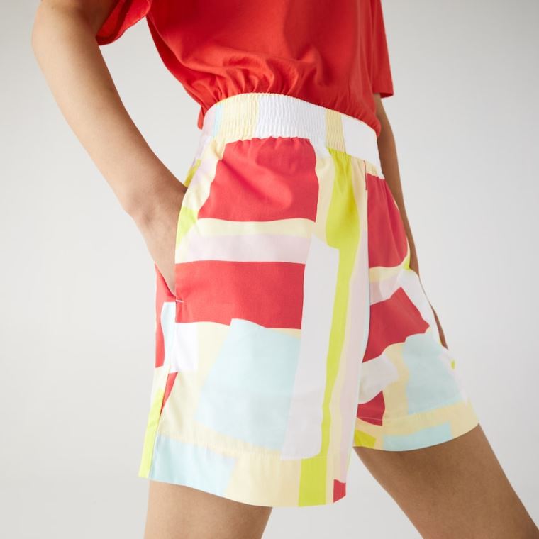 Lacoste Abstract-Print Bomulds Poplin Shorts Gul Hvide | Frphp8it