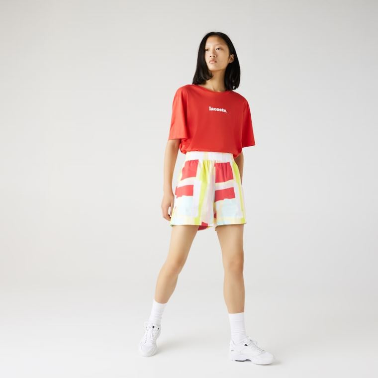 Lacoste Abstract-Print Bomulds Poplin Shorts Gul Hvide | Frphp8it