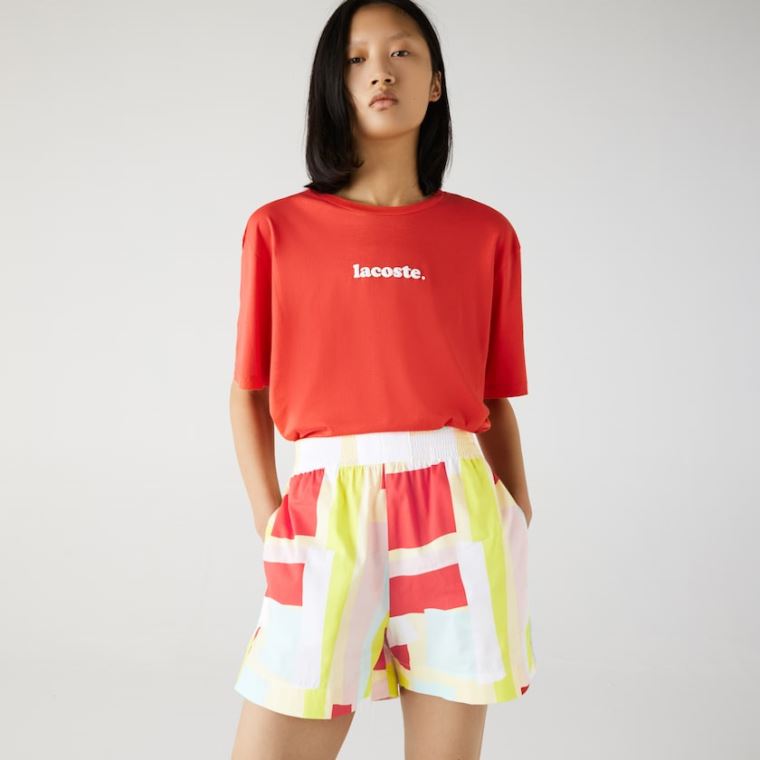 Lacoste Abstract-Print Bomulds Poplin Shorts Gul Hvide | Frphp8it