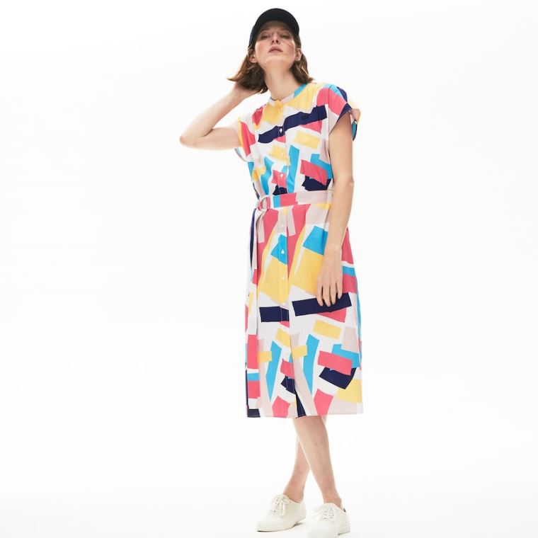 Lacoste Abstract-Print Shirtdress Hvide | kSeIWK9Z