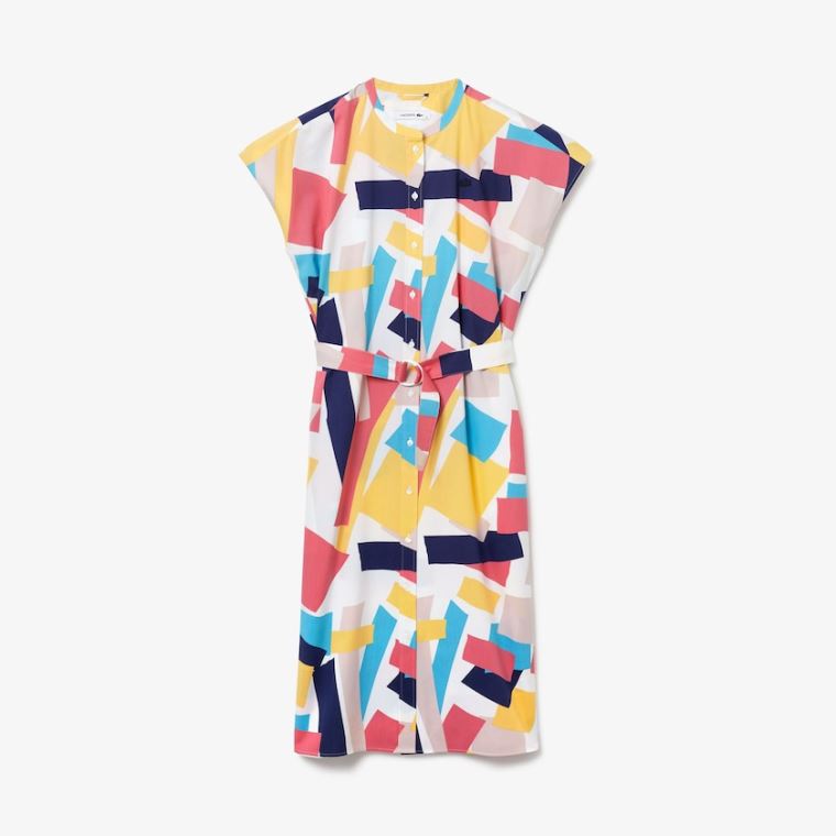 Lacoste Abstract-Print Shirtdress Hvide | kSeIWK9Z