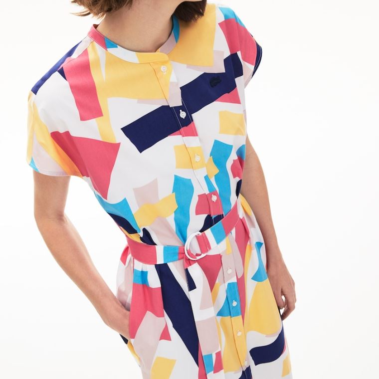 Lacoste Abstract-Print Shirtdress Hvide | kSeIWK9Z