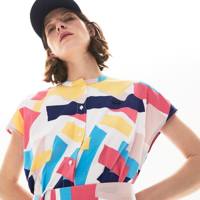 Lacoste Abstract-Print Shirtdress Hvide | kSeIWK9Z