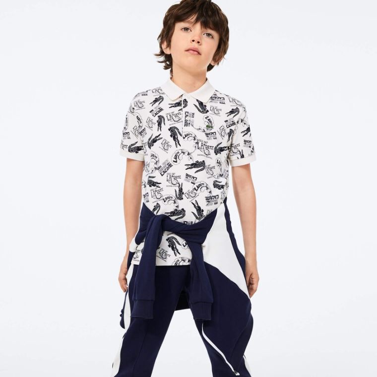 Lacoste All-Over Croc Print Bomulds Petit Piqué Polo Hvide Mørkeblå Blå | J7GQJkim