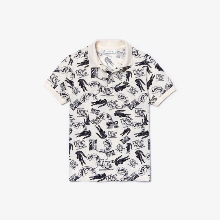 Lacoste All-Over Croc Print Bomulds Petit Piqué Polo Hvide Mørkeblå Blå | J7GQJkim