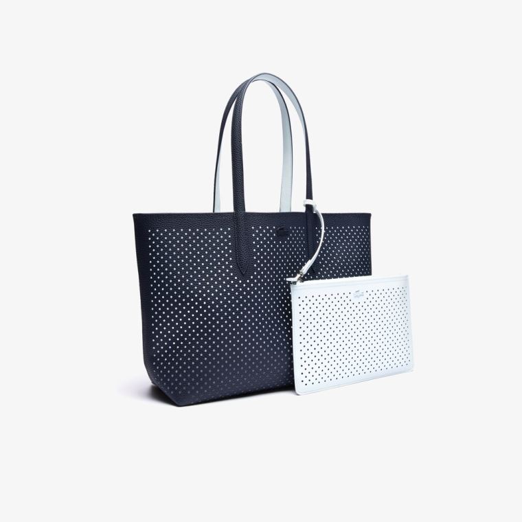 Lacoste Anna Removable Pouch Perforated Reversible Tote Mørkemørkeblå Hvide | Lx0CFziA