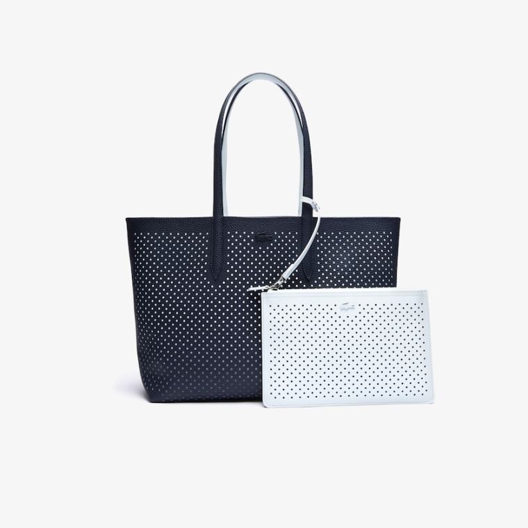 Lacoste Anna Removable Pouch Perforated Reversible Tote Mørkemørkeblå Hvide | Lx0CFziA