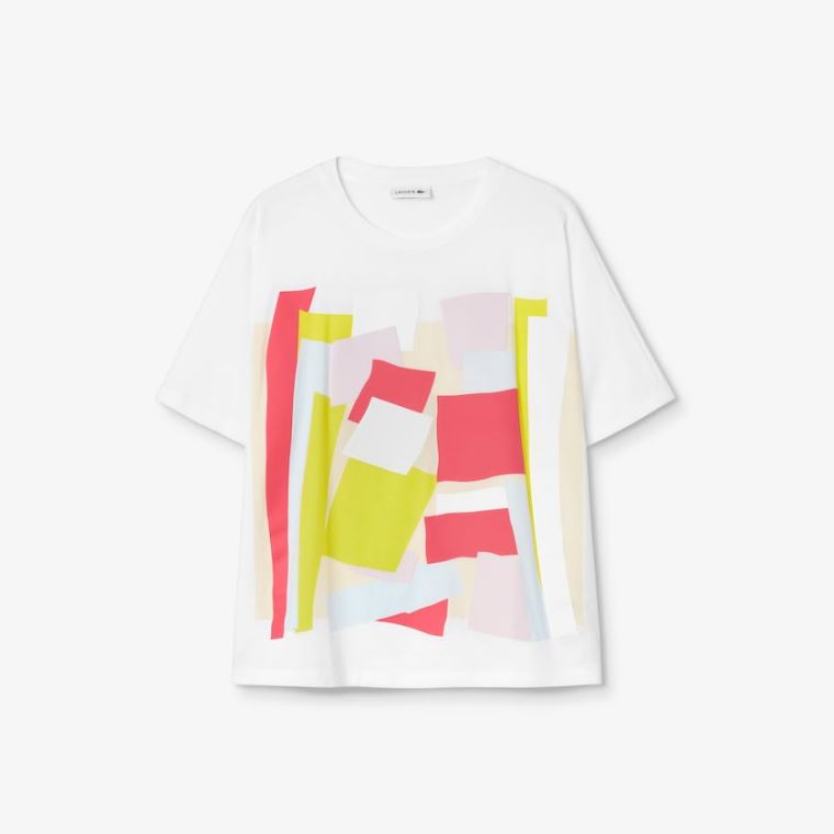 Lacoste Art-Print Bomulds T-Shirt Hvide | Ta3uTeNz