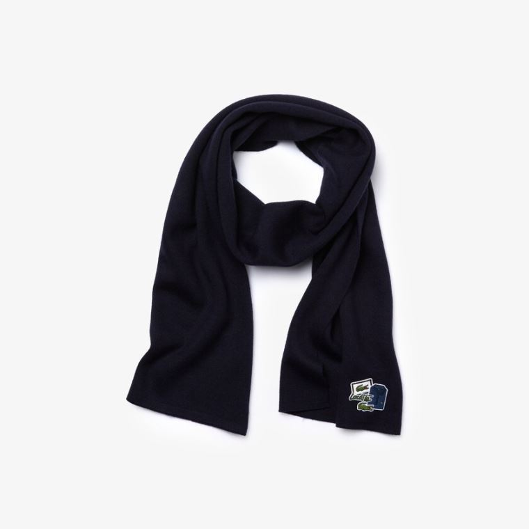 Lacoste Badge Rectangular Wool Blend Scarf Mørkeblå Blå | YC7ECyJ6