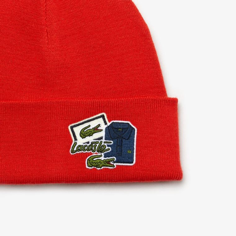 Lacoste Badge Ribbed Wool Beanie Rød | uyJTVss0