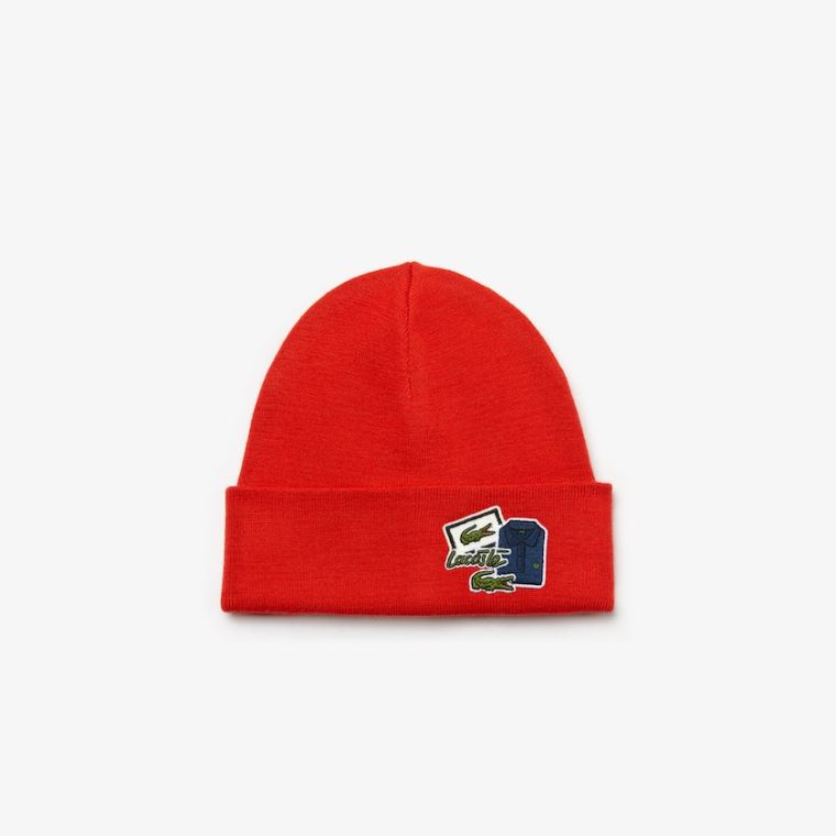 Lacoste Badge Ribbed Wool Beanie Rød | uyJTVss0