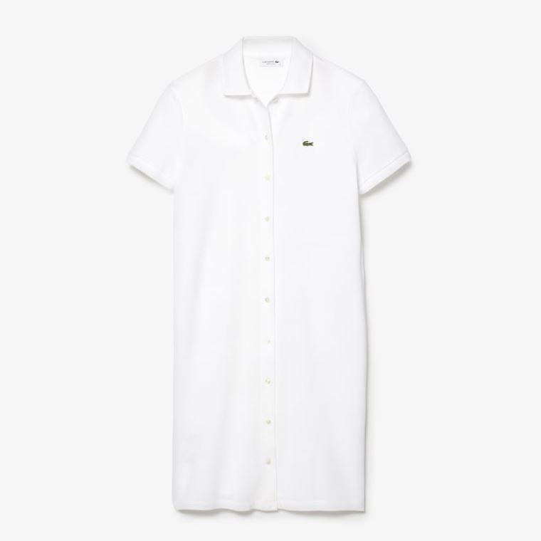 Lacoste Bomulds Piqué Buttoned Polo Kjole Hvide | 4cCXKal9