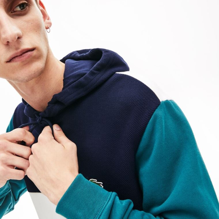 Lacoste Bomulds-Piqué and French Terry Colorblock Sweatshirt Hvide Mørkeblå Blå Grøn | I1ETvNfG