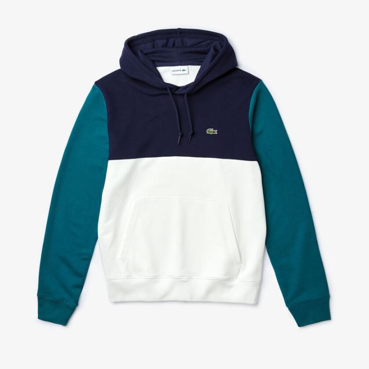 Lacoste Bomulds-Piqué and French Terry Colorblock Sweatshirt Hvide Mørkeblå Blå Grøn | I1ETvNfG