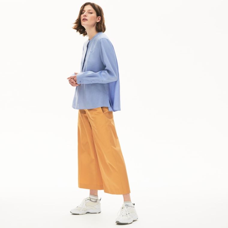 Lacoste Buttoned Mao Collar Linen Blouse Lilla | Ffh8TdRZ