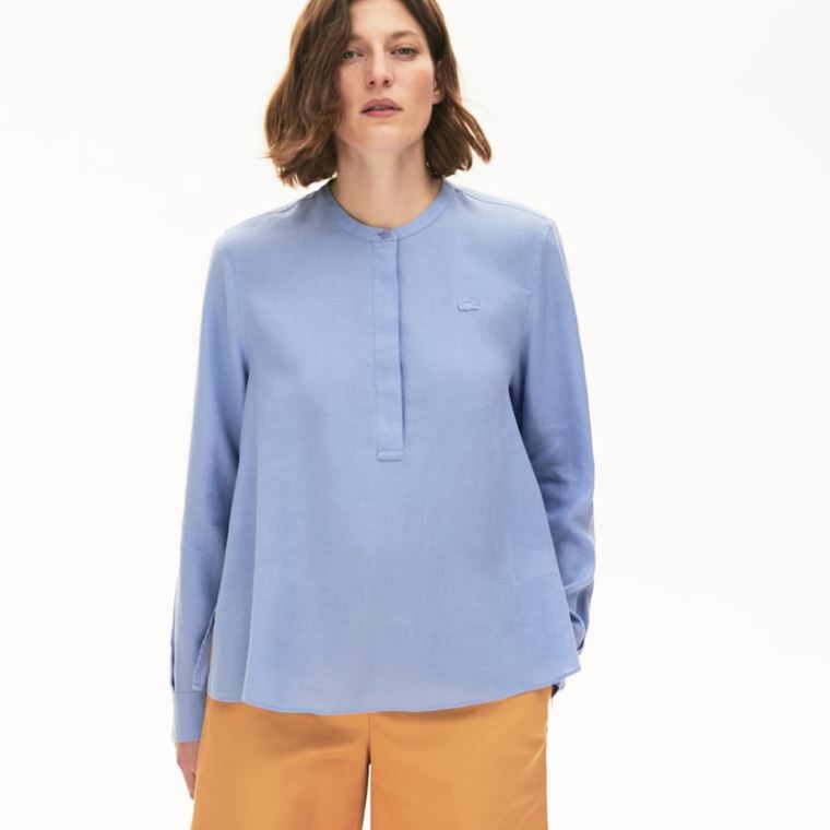 Lacoste Buttoned Mao Collar Linen Blouse Lilla | Ffh8TdRZ