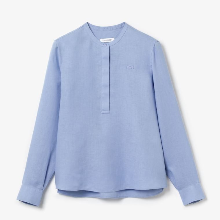 Lacoste Buttoned Mao Collar Linen Blouse Lilla | Ffh8TdRZ