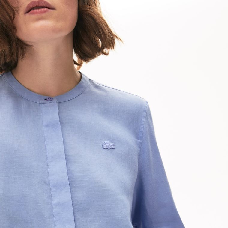 Lacoste Buttoned Mao Collar Linen Blouse Lilla | Ffh8TdRZ